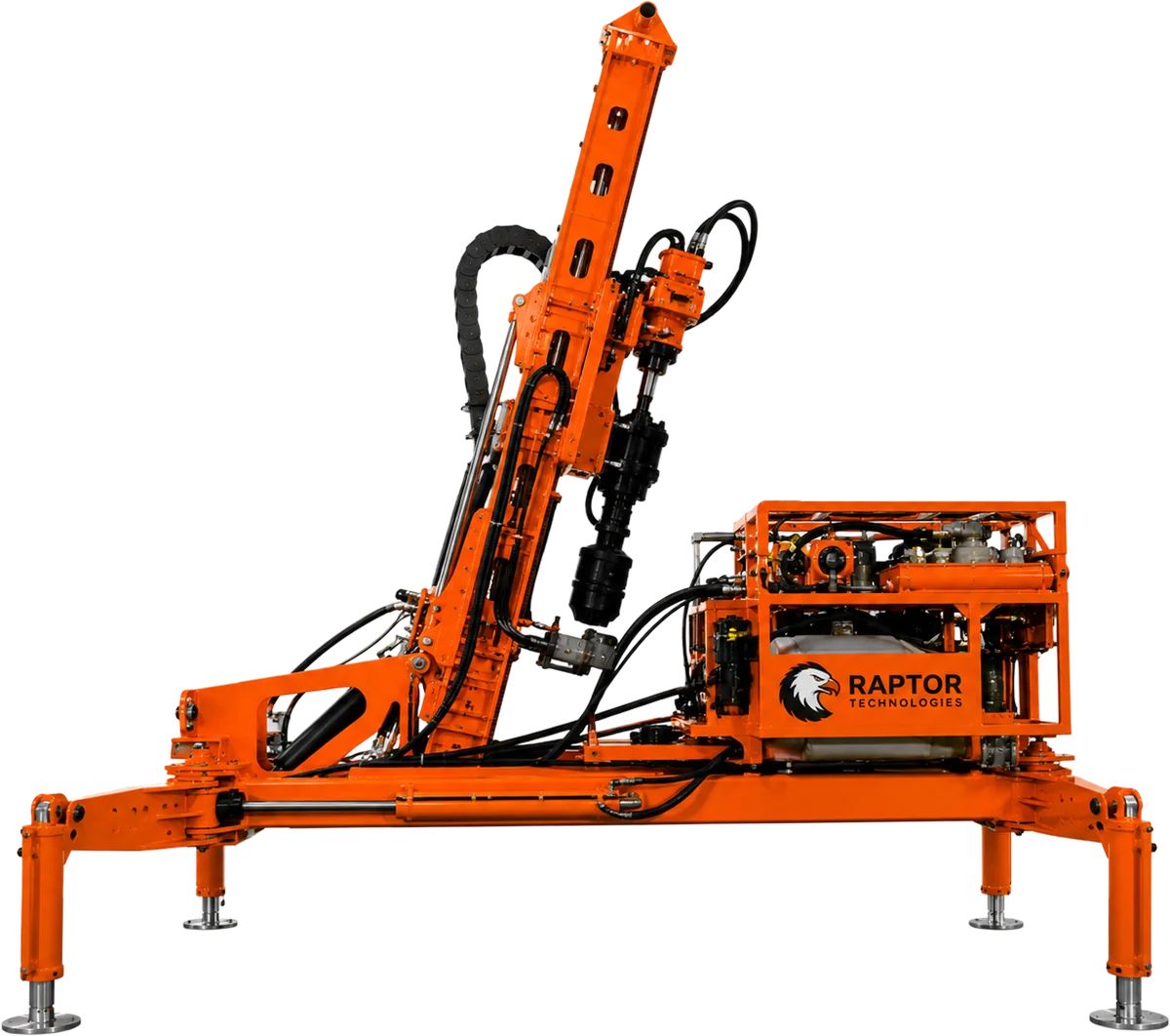 The Raptor AROV 2 seabed drilling rig, showing the mast and drill head, the power pack and the four outrigger legs
