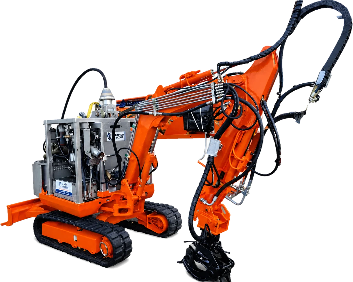 The Raptor Scout subsea excavator, showing the tracked chassis, control frame, articulated arm and grab